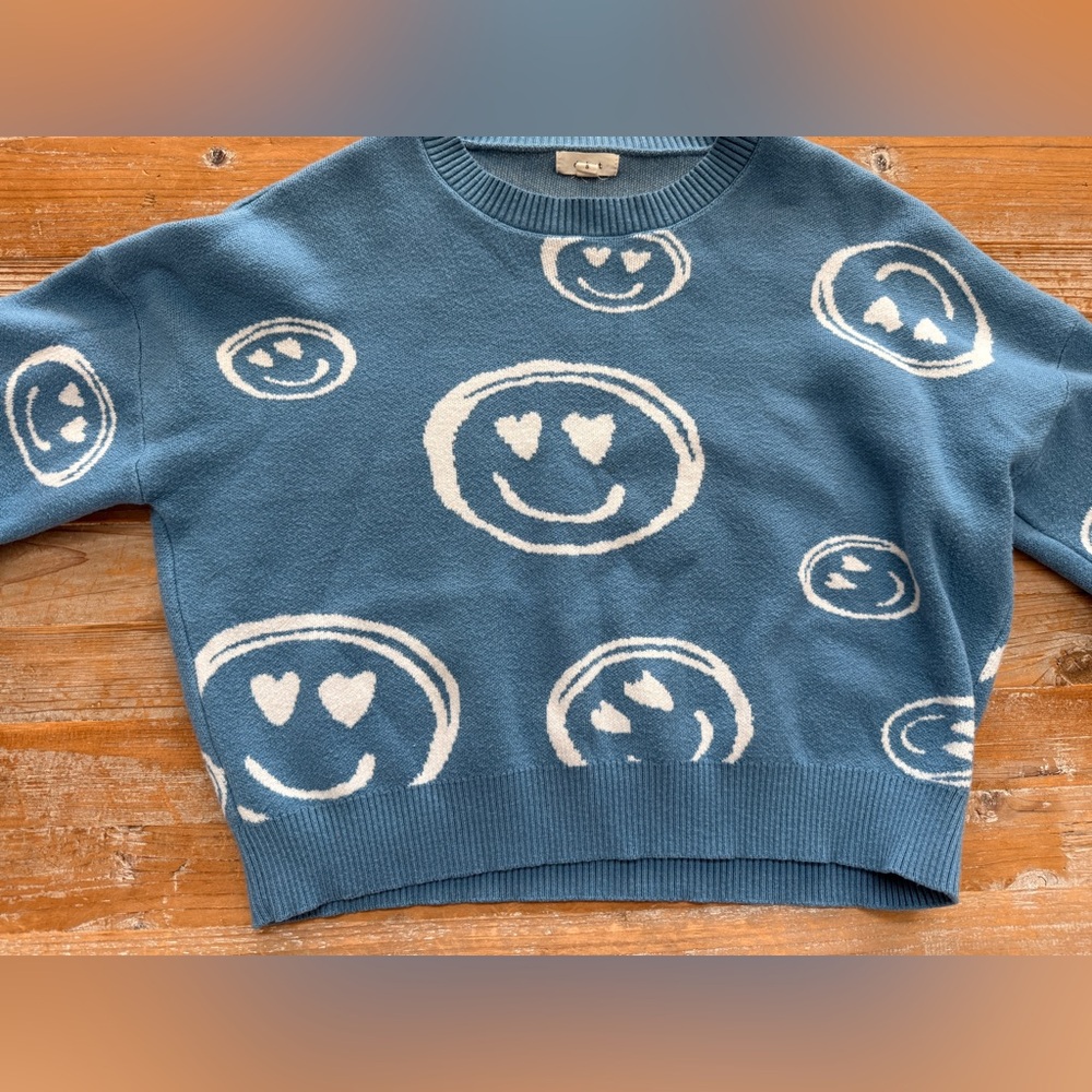 Debut Smiley Face Crewneck Sweater Blue Cropped Hearts Women’s Small - Picture 3 of 8